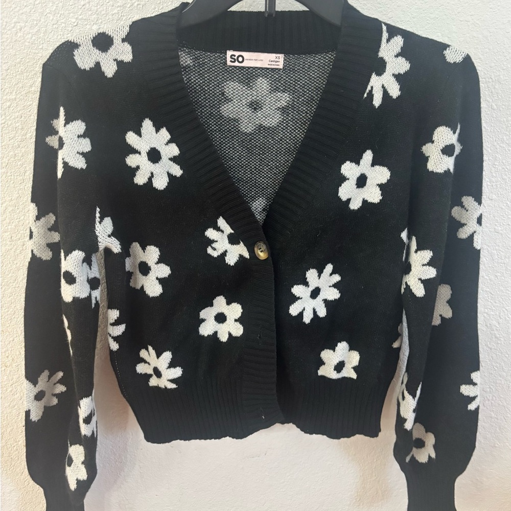 SO Women's Black Cardigan with White Floral Pattern